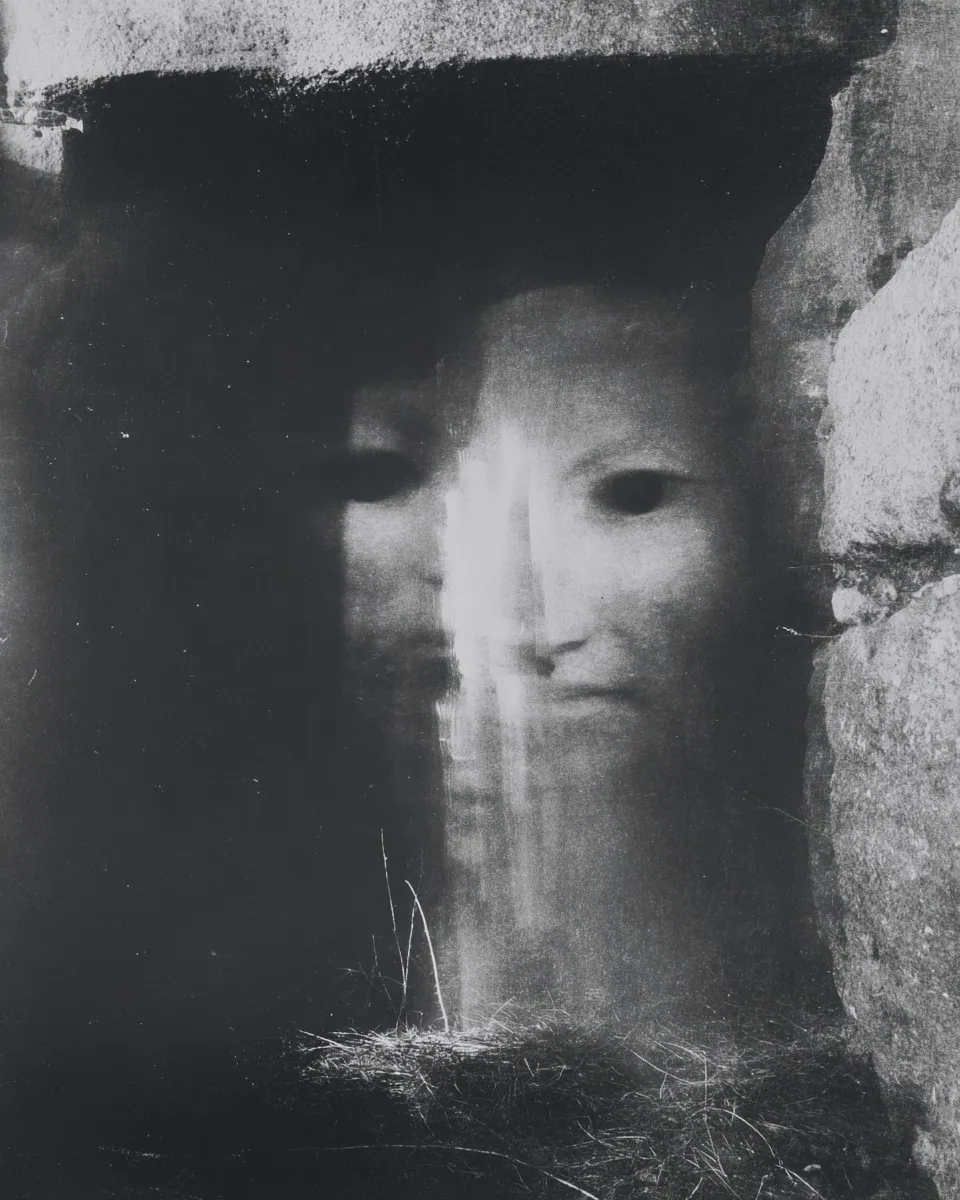 A pale, streaked face emerges from a dark opening in a stone wall above tufts of grass.
