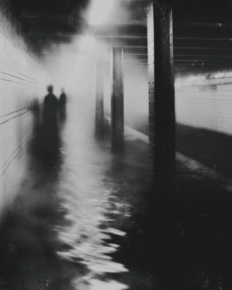 Two shadowy figures walk through a flooded underground passage lined with pillars and tiles.