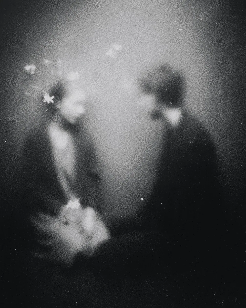Two blurred figures face each other in a dim room, small white flowers drifting around one of them.