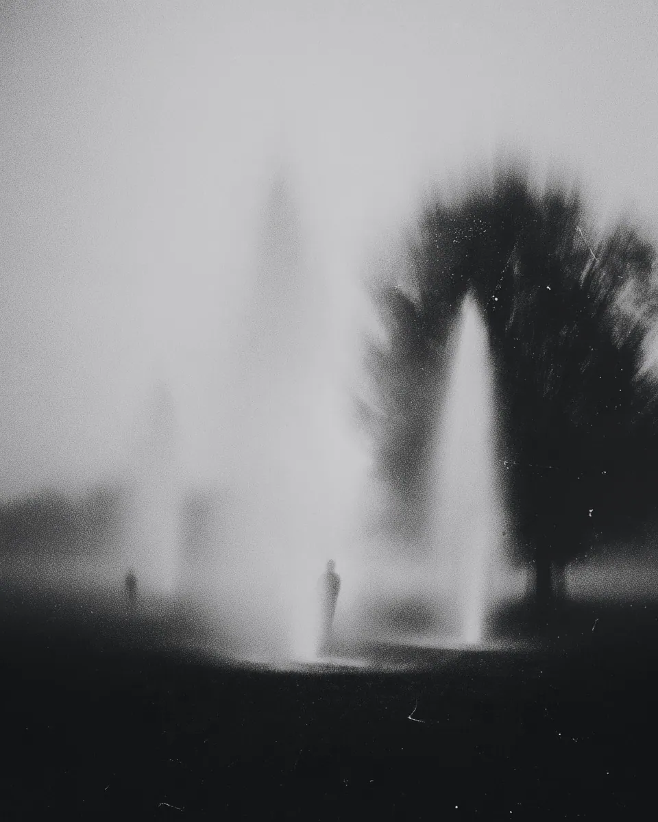 Tall fountains spray into the fog beside a dark tree as two tiny figures stand at the water's edge.