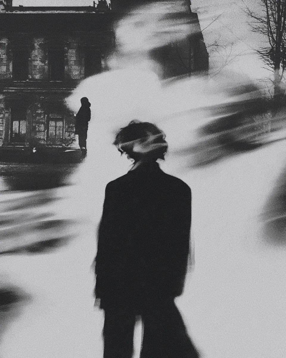 A figure in a dark coat stands in a swirl of white motion, a city street and a second figure behind.
