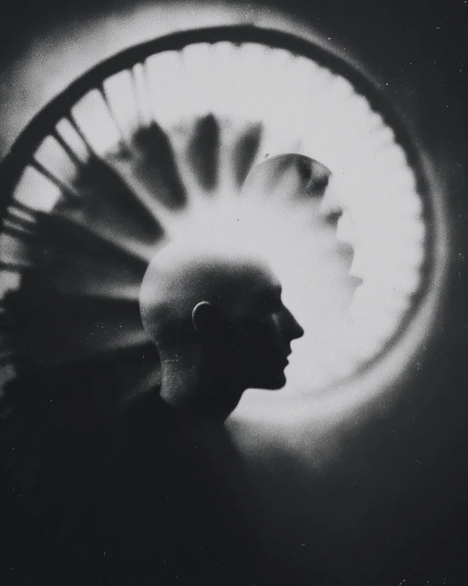 A bald man in profile stands before a large circular fan whose blades form a glowing halo.