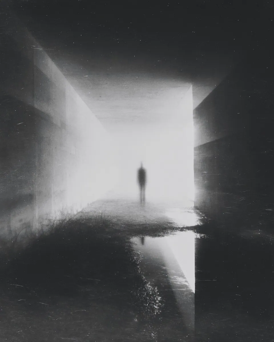 A tiny figure stands at the far end of a bright corridor between dark walls, light pooling on wet ground.