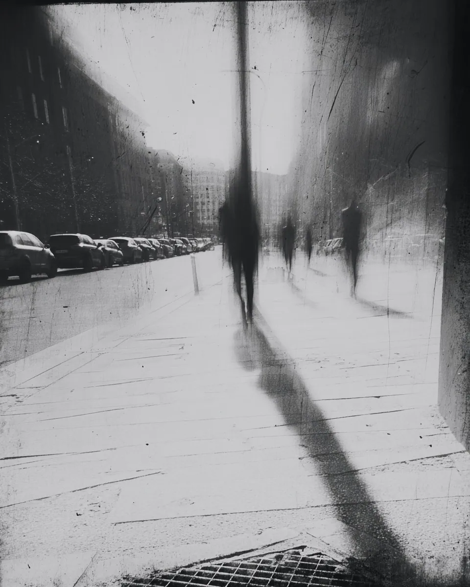 Blurred pedestrians walk down a sunny sidewalk lined with parked cars, casting long shadows.
