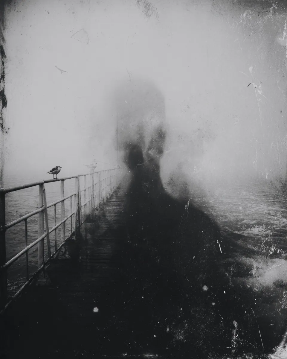 A giant faint face rises from the fog over a railed boardwalk where a bird perches.