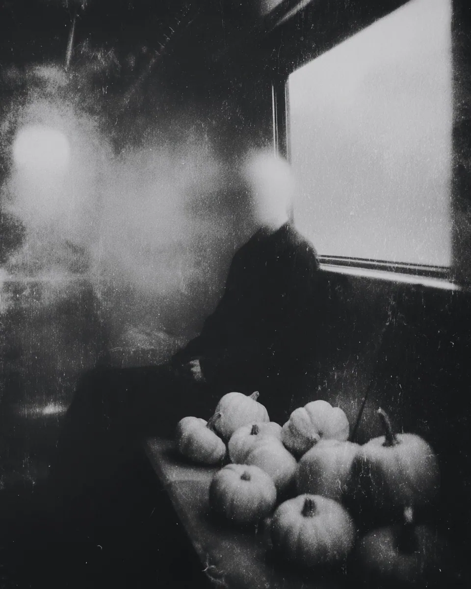 A faceless figure sits by a window beside a table piled with pale pumpkins.