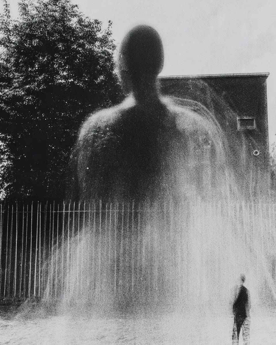 A giant translucent figure rises above a fence like falling water, a small person standing beside it.