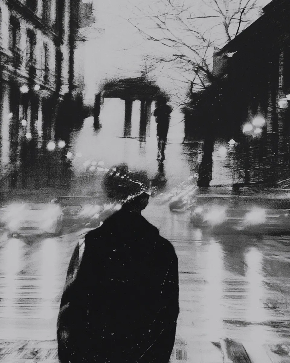 A figure in a dark coat faces away on a rainy city street of lights, cars and pedestrians.