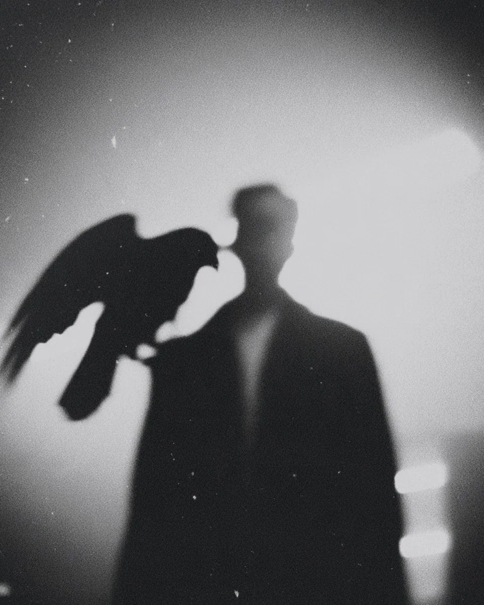 A dark bird perches on the shoulder of a blurred man in a long coat, backlit against grey light.