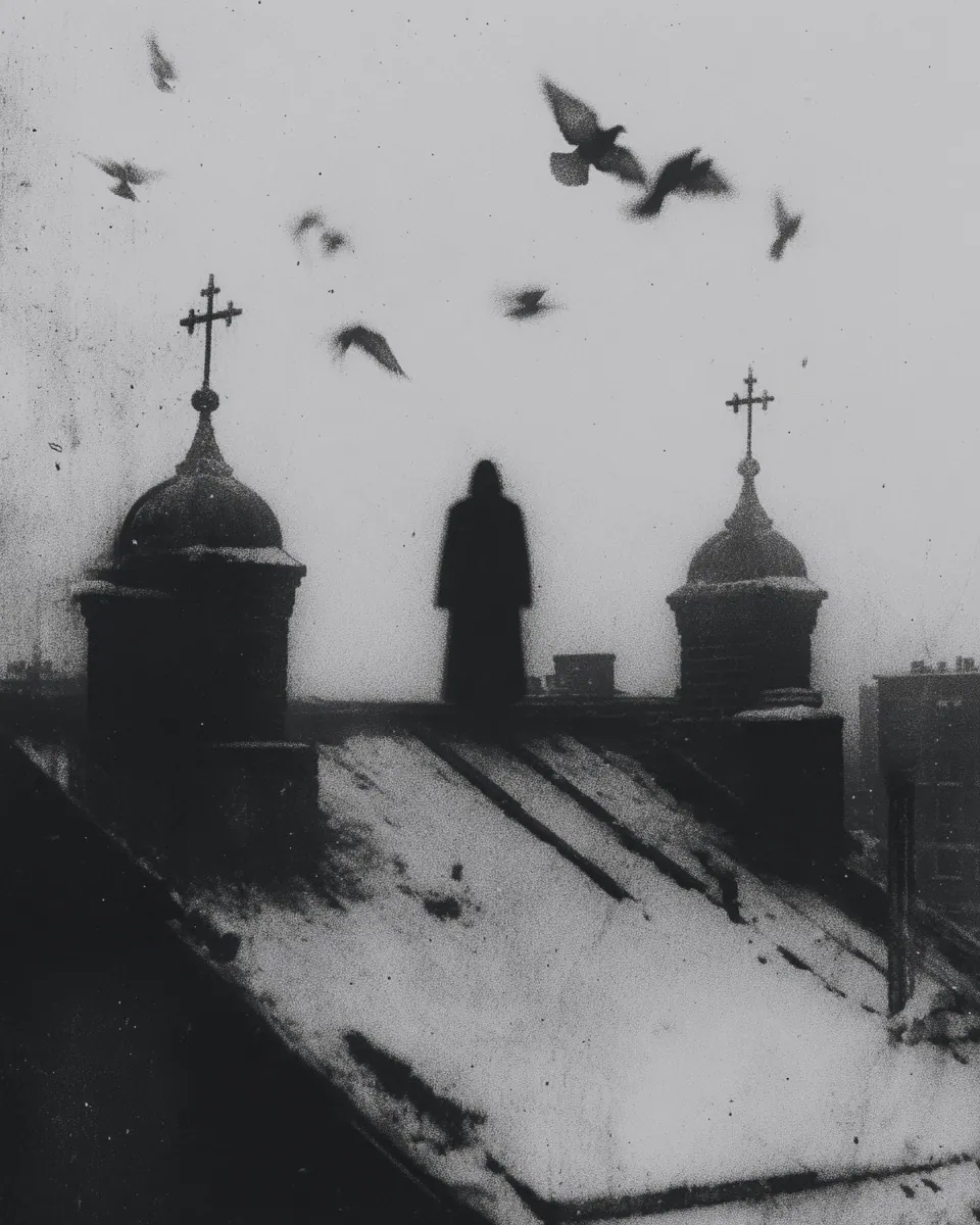 A cloaked figure stands on a snowy rooftop between two domed towers topped with crosses as birds circle overhead.