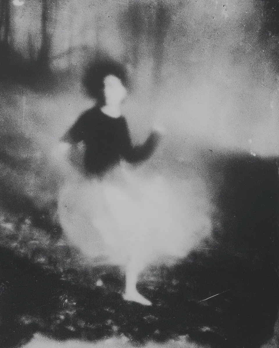 A girl with dark curly hair runs through the mist, her white skirt dissolving into fog.