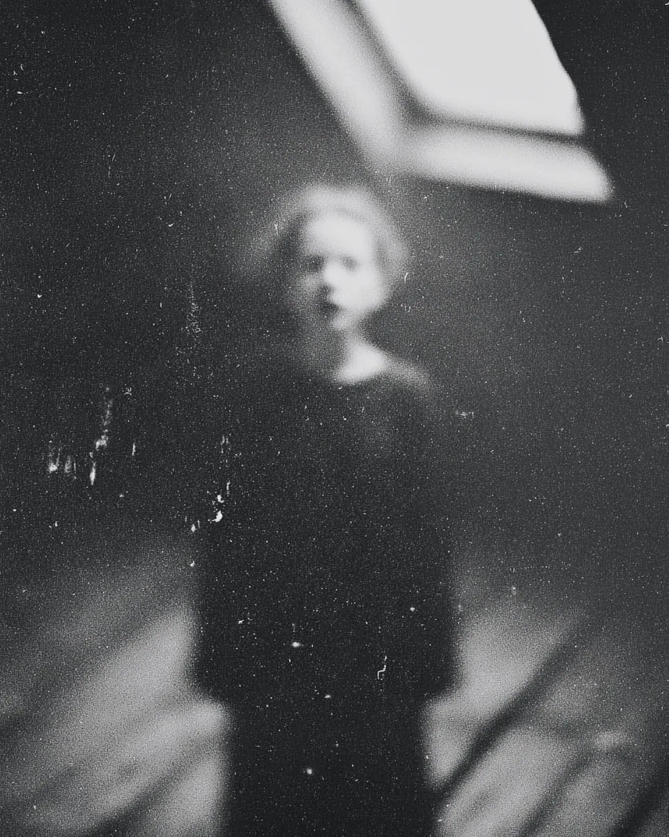 A child with wide eyes stands in a dim attic under a slanted skylight.