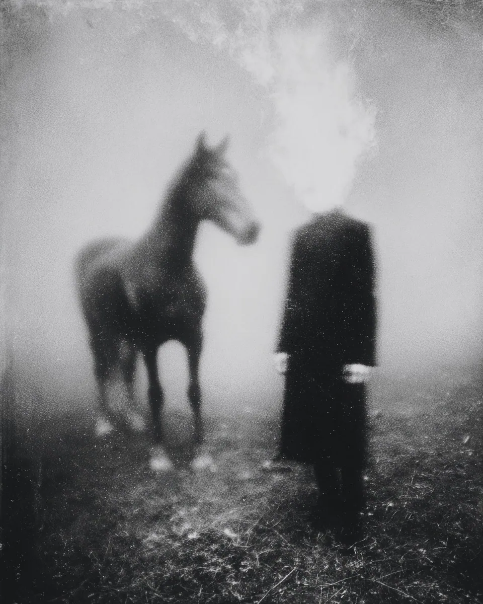 A man in a long black coat stands beside a horse in a foggy field, his head replaced by rising smoke.