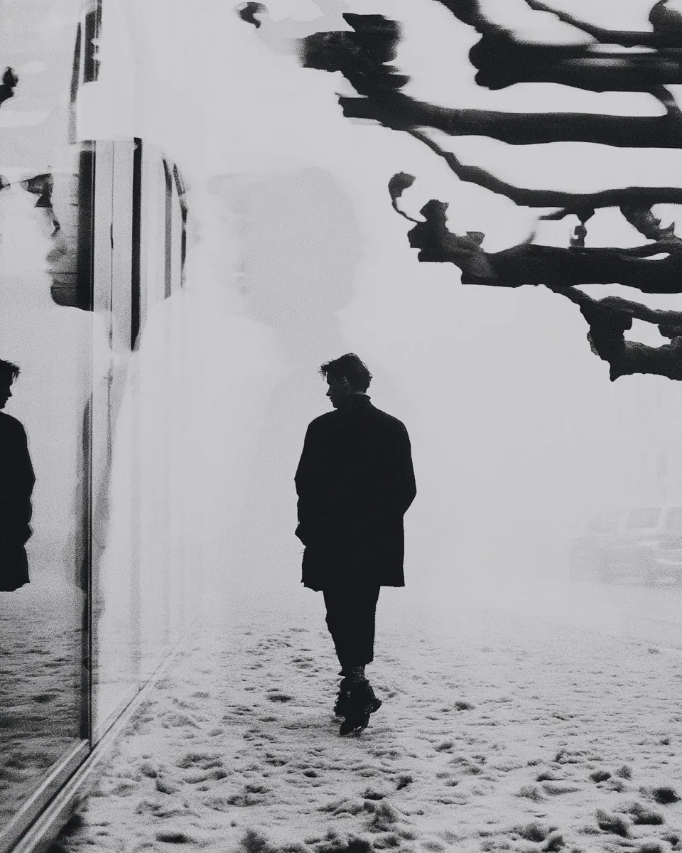 A man in a dark coat walks through snow beside a glass wall reflecting another figure, branches above.