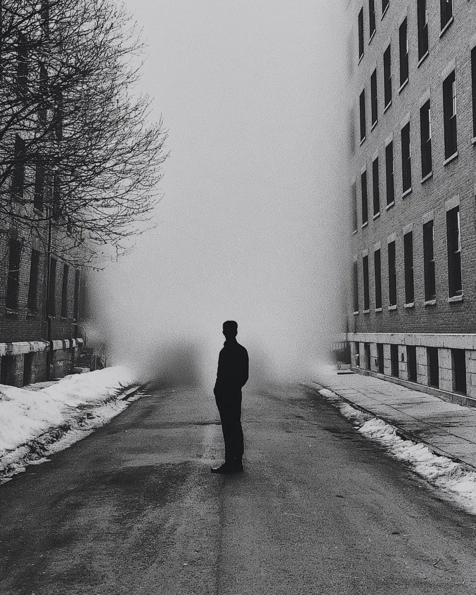 A lone man stands in the middle of an empty street between brick buildings, snow along the curbs and fog ahead.