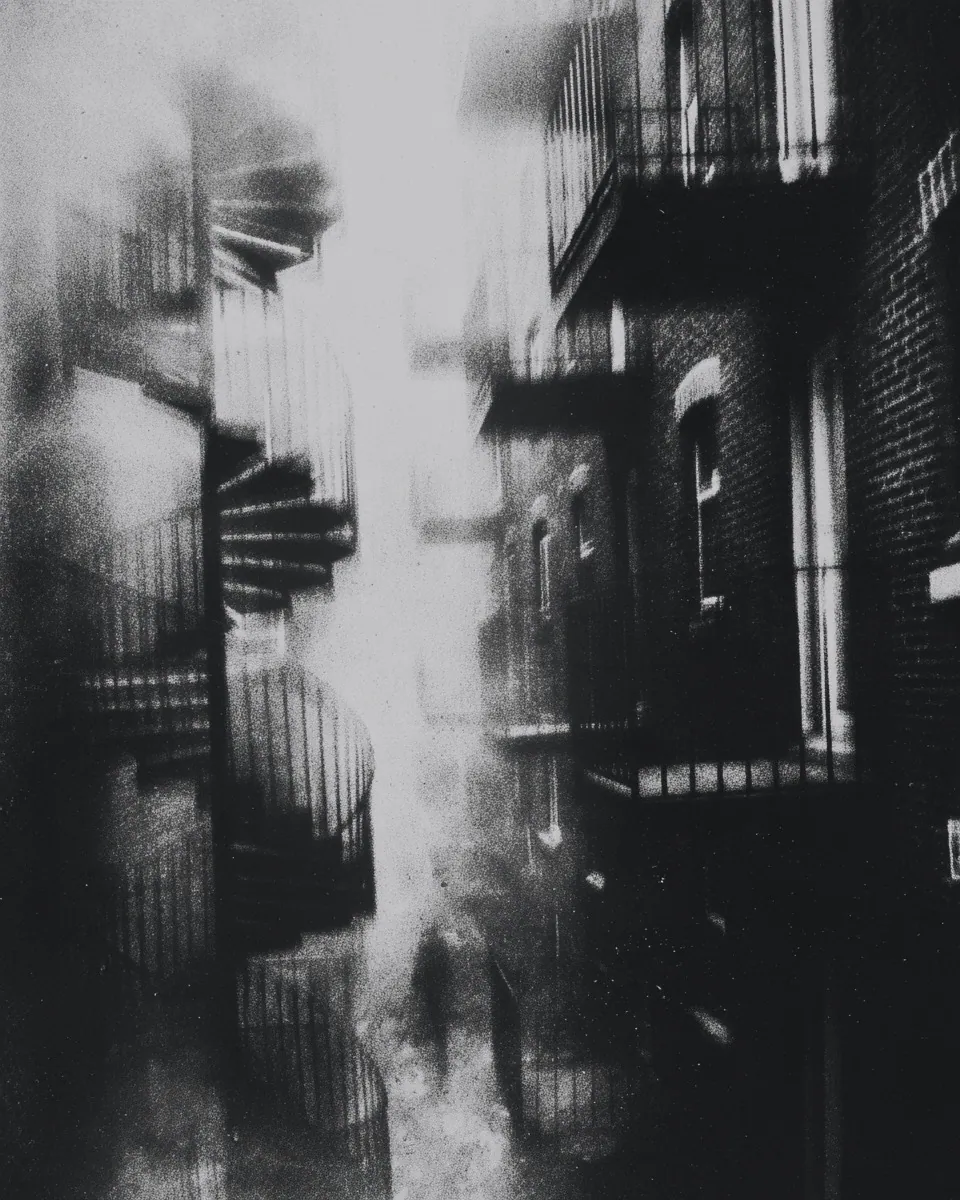 Spiral staircases and balconies climb the sides of a narrow brick courtyard, a small figure at the bottom.