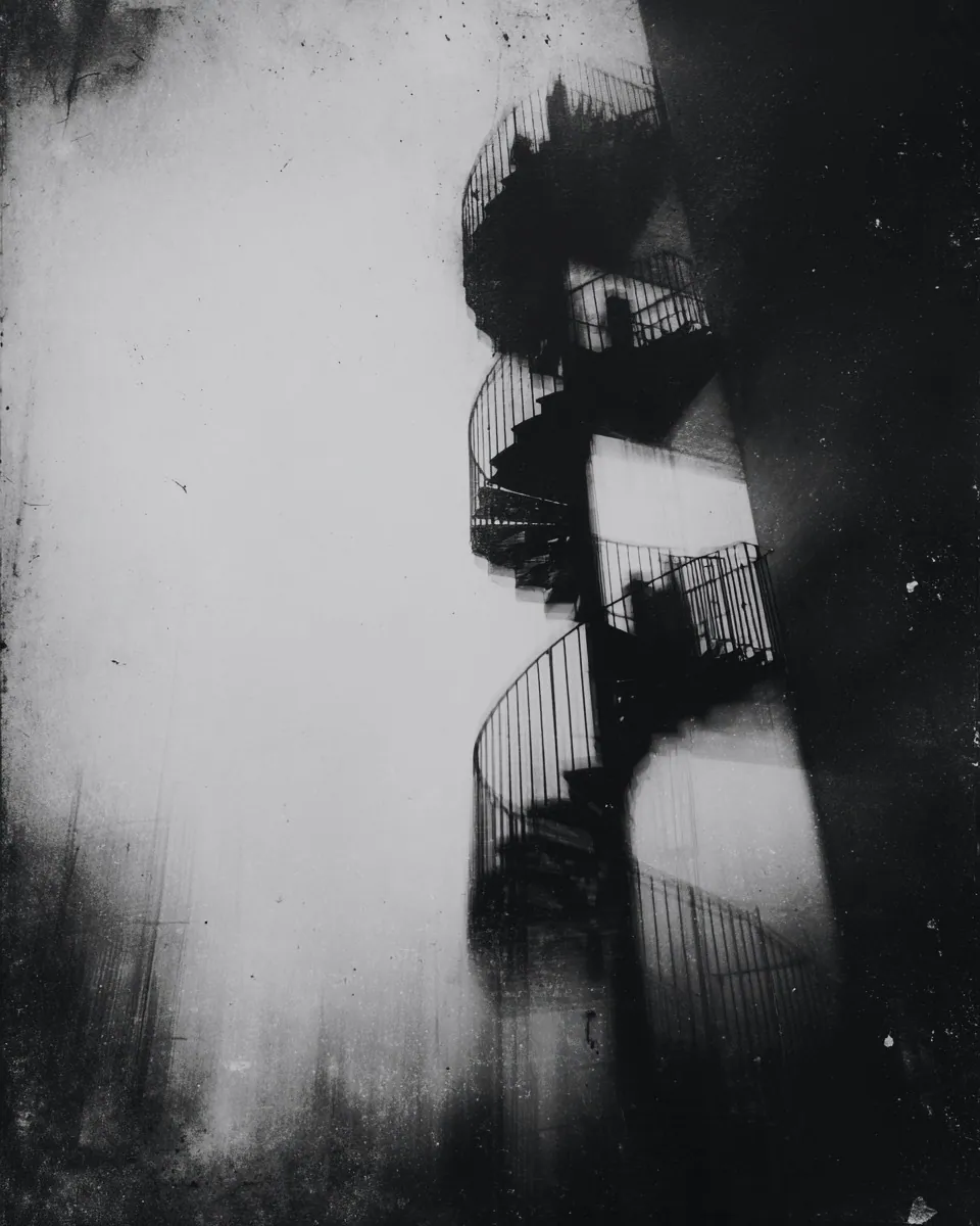 A spiral staircase winds up the side of a building into a bright, hazy sky.