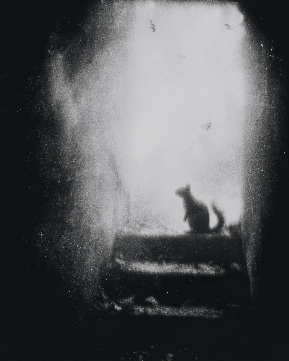 A squirrel sits on a stone step in a bright, crumbling doorway framed by darkness.
