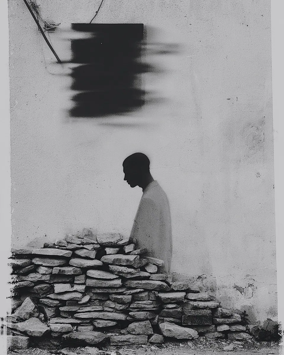 A man in a pale shirt stands behind a pile of stacked stones against a white wall, a dark smear above him.