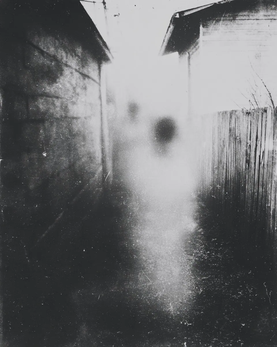 A pale, blurred figure drifts toward the viewer down a narrow alley between wooden houses.