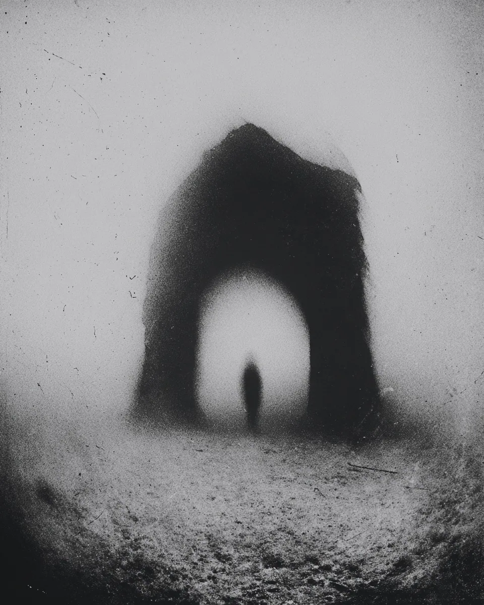 A small figure stands inside a glowing opening at the base of a dark arched mass.