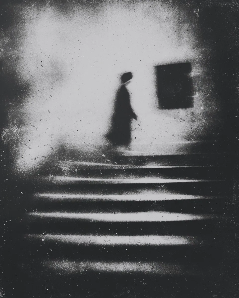 A small figure in a coat climbs steps toward a dark square window in a grainy, clouded space.