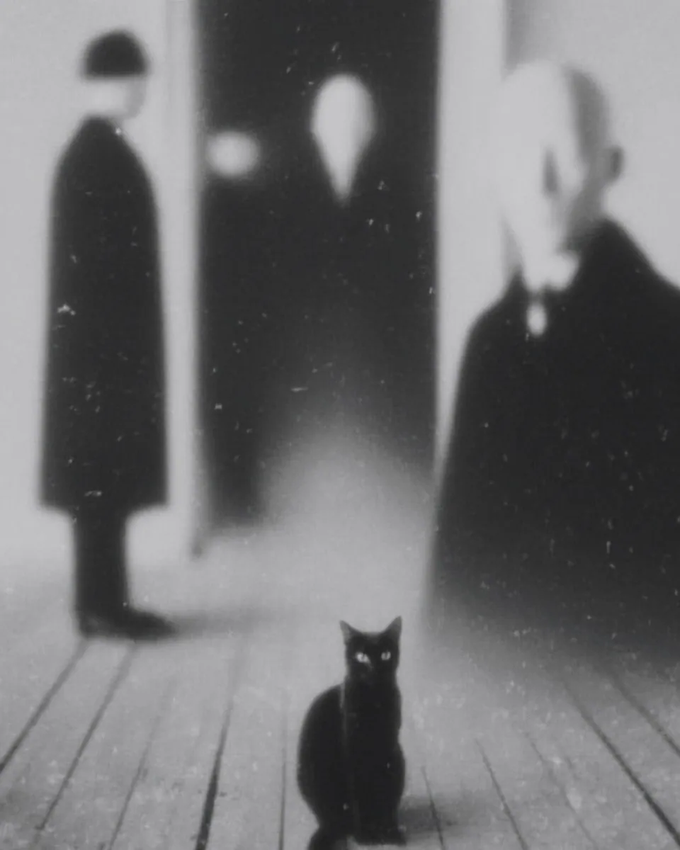 Two figures in dark coats stand in a wooden hallway, one with a featureless head, a black cat with glowing eyes at their feet.