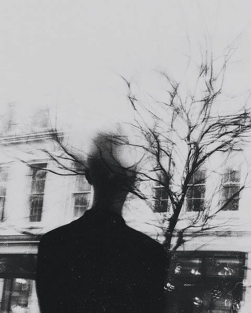 A man seen from behind stands before a bare tree and a pale building, his head blurred into the branches.