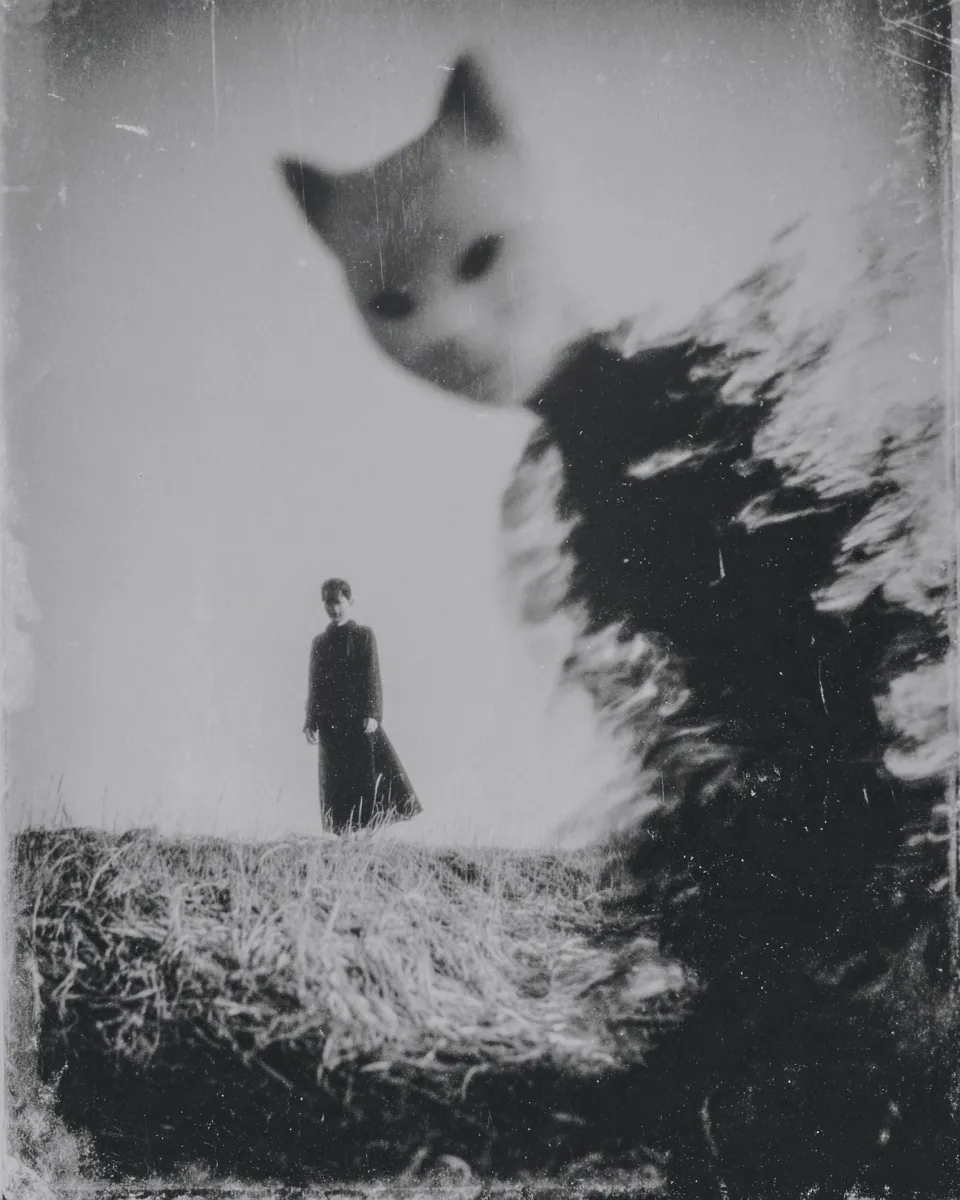 A small figure stands on a haystack while a giant blurred cat looms over the field behind.