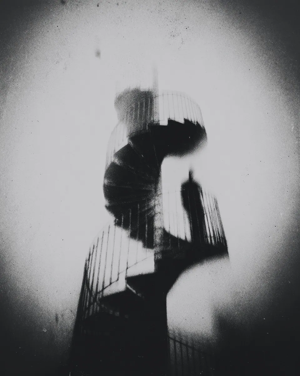 A figure climbs a spiral staircase, silhouetted inside a bright circular vignette.