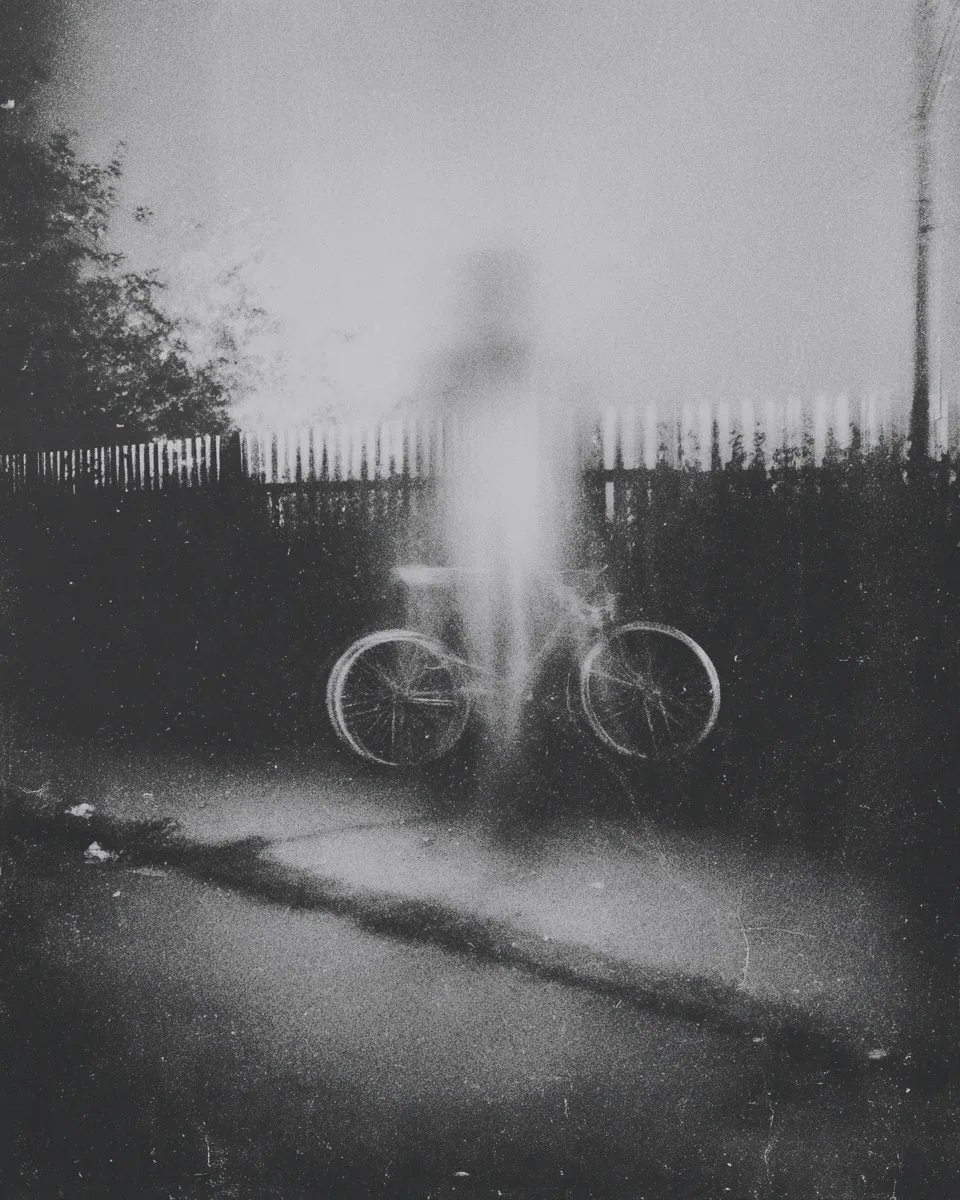 A translucent figure stands beside a bicycle on a dim sidewalk in front of a picket fence.