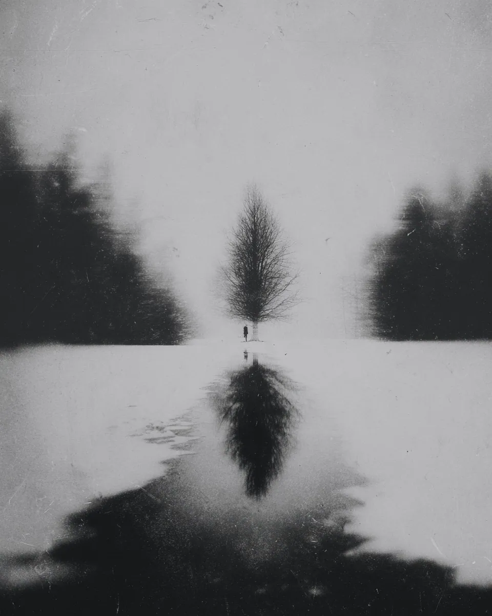 A lone tree and a tiny figure reflect in a snowy clearing between dark forests.