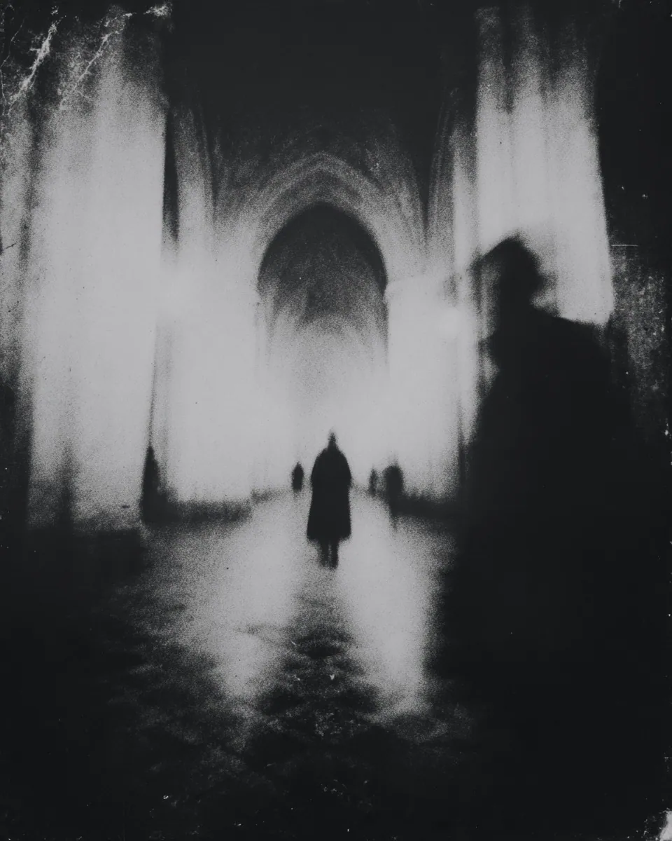 A small figure walks down a long gothic hall toward an archway as a blurred man looms in the foreground.