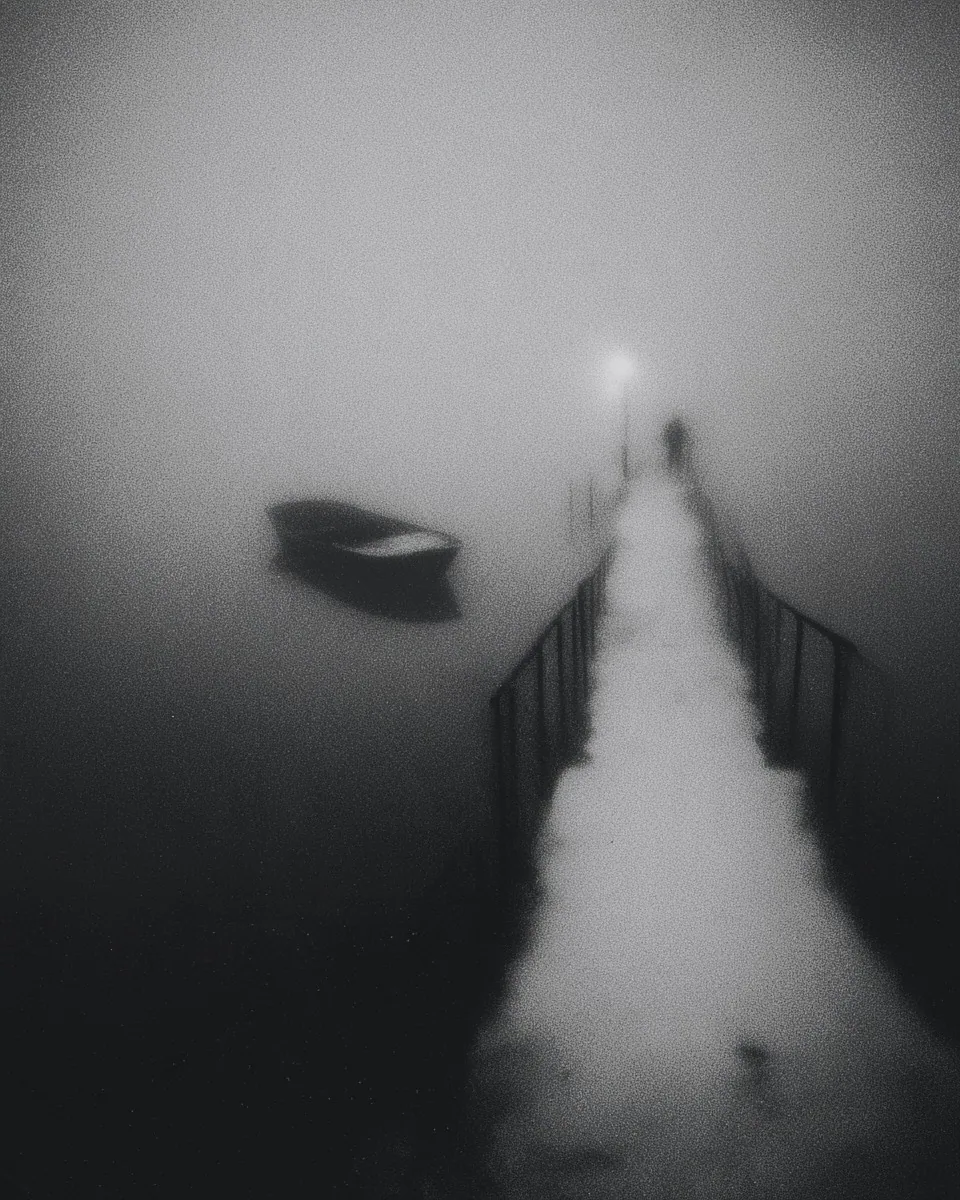 A narrow snow-covered pier leads into fog toward a single lamp, a small boat drifting beside it.