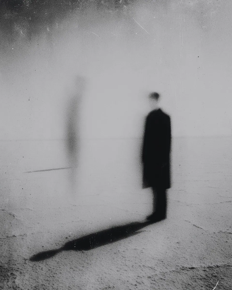 A man in a dark coat stands on a pale beach, his long shadow stretching away, while a faint translucent figure hovers beside him.