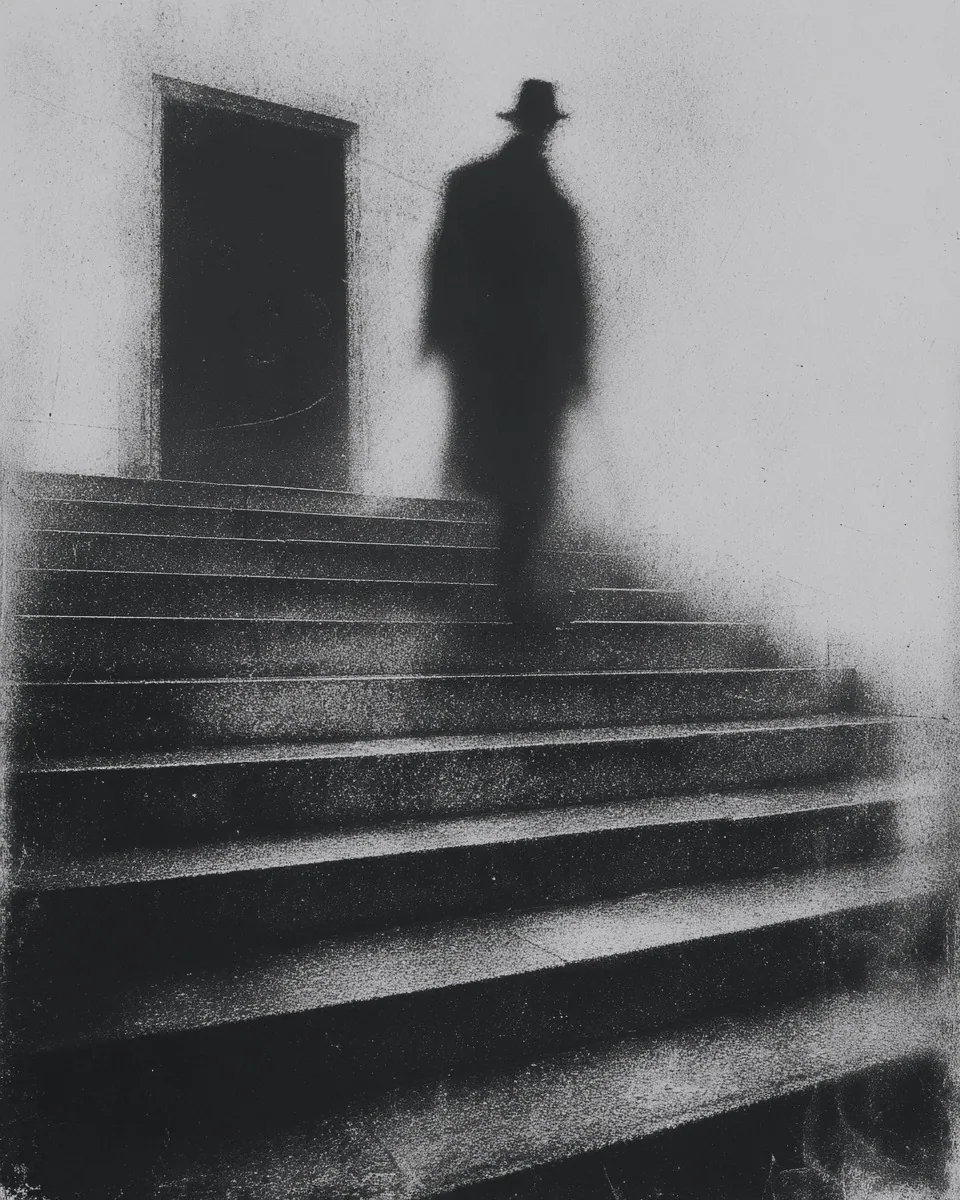 A man in a hat climbs wide stone steps toward a dark doorway, his body fading into the wall.