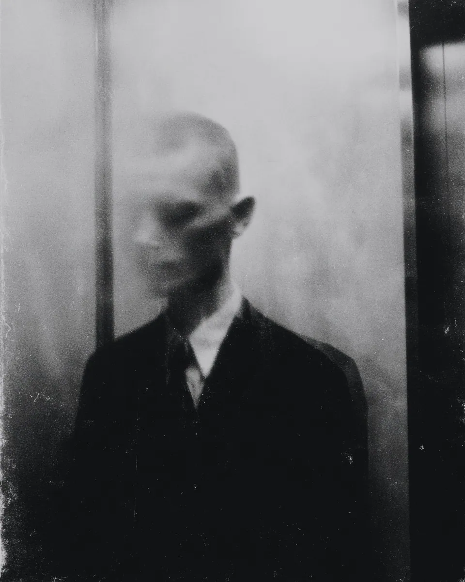 A man in a dark suit and tie stands against a pale wall, his face smeared into a blur.
