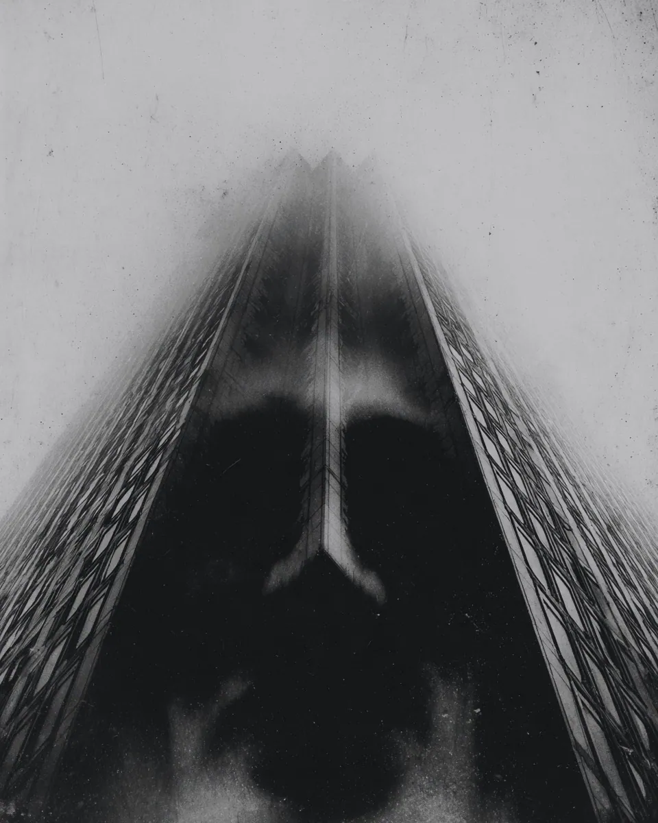 A glass skyscraper seen from below appears to hold a dark, skull-like face in its reflection.