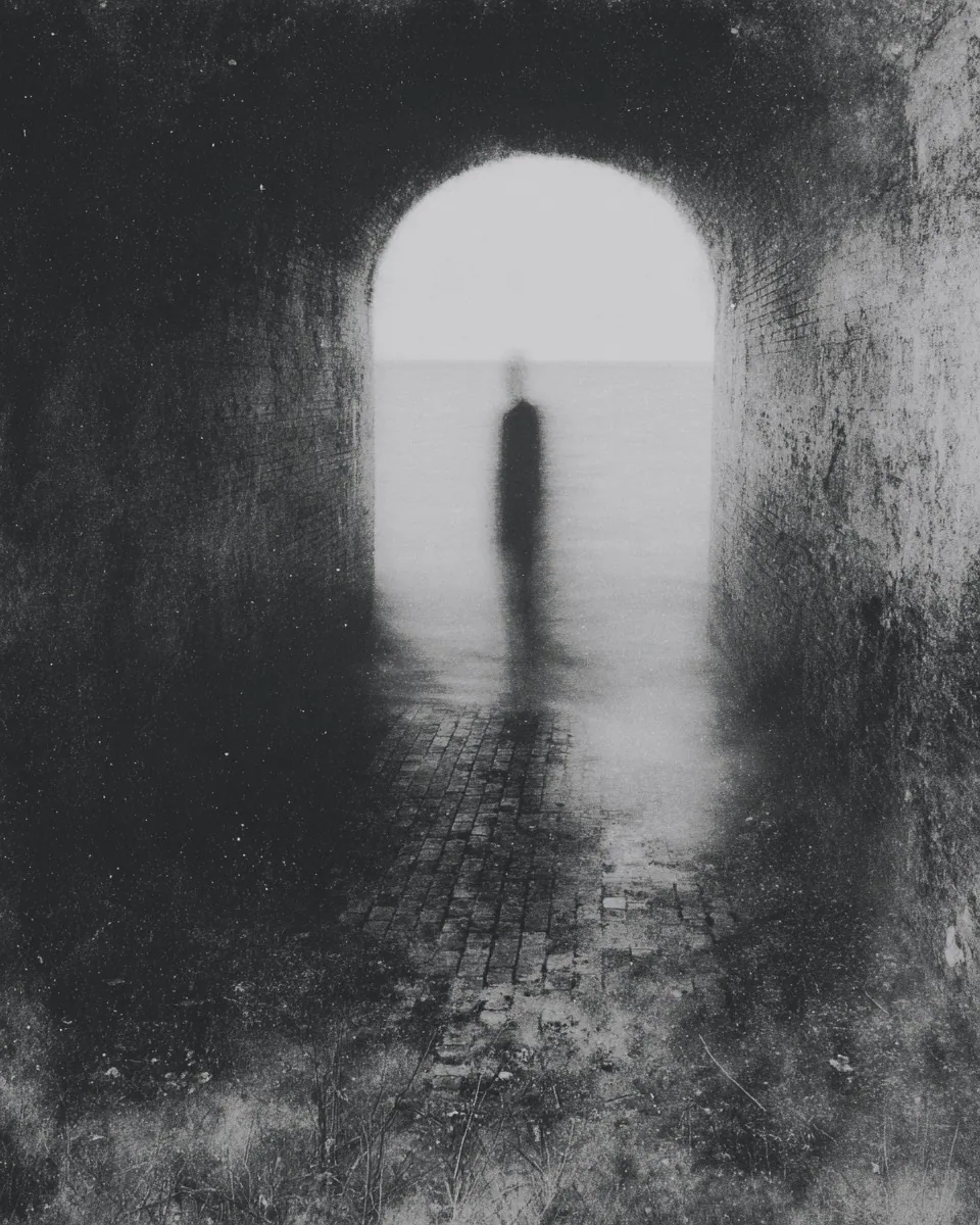 A dark figure stands in shallow water at the bright end of a brick tunnel.