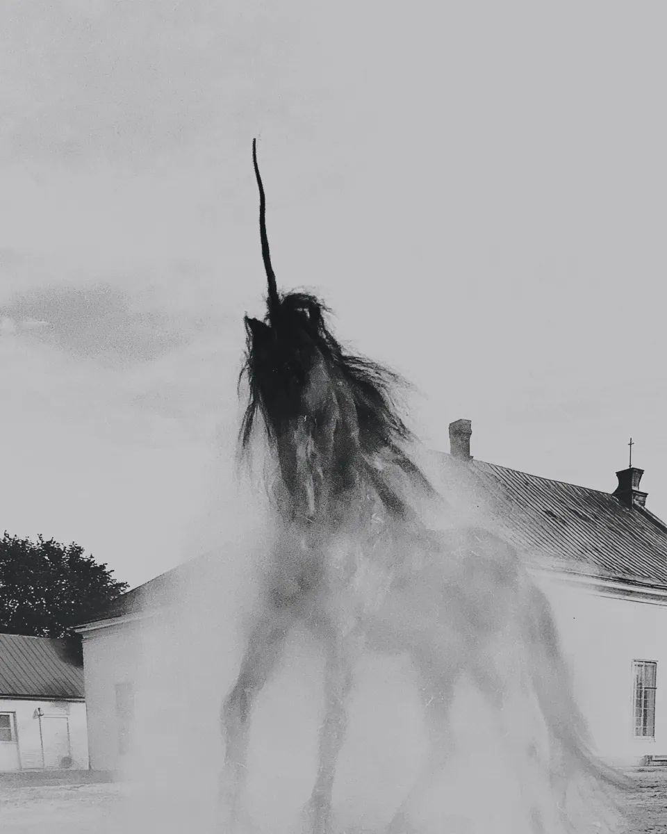 A spectral, shaggy horse with a single long horn rears in front of white buildings in winter.