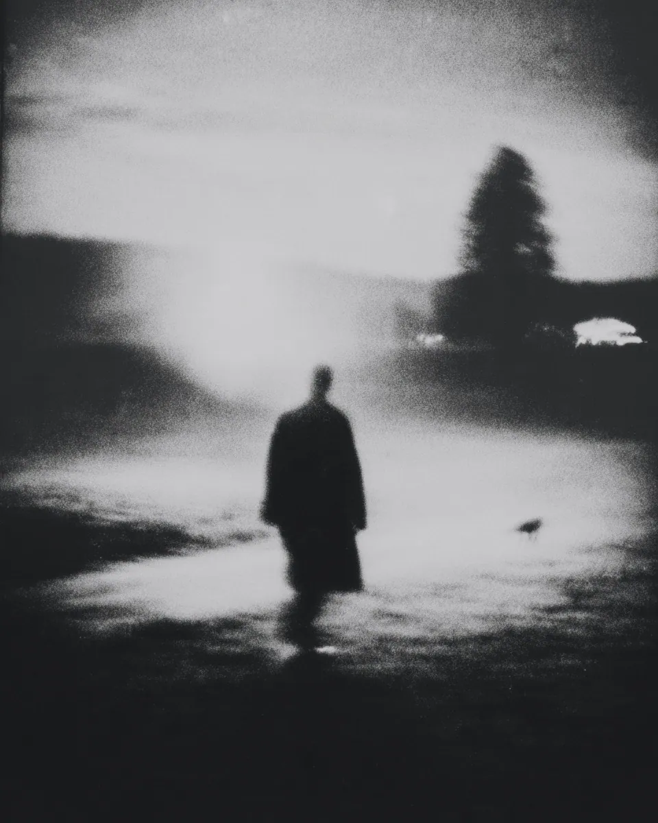 A figure in a long coat walks along a bright shore at dusk, a dark tree on the horizon.