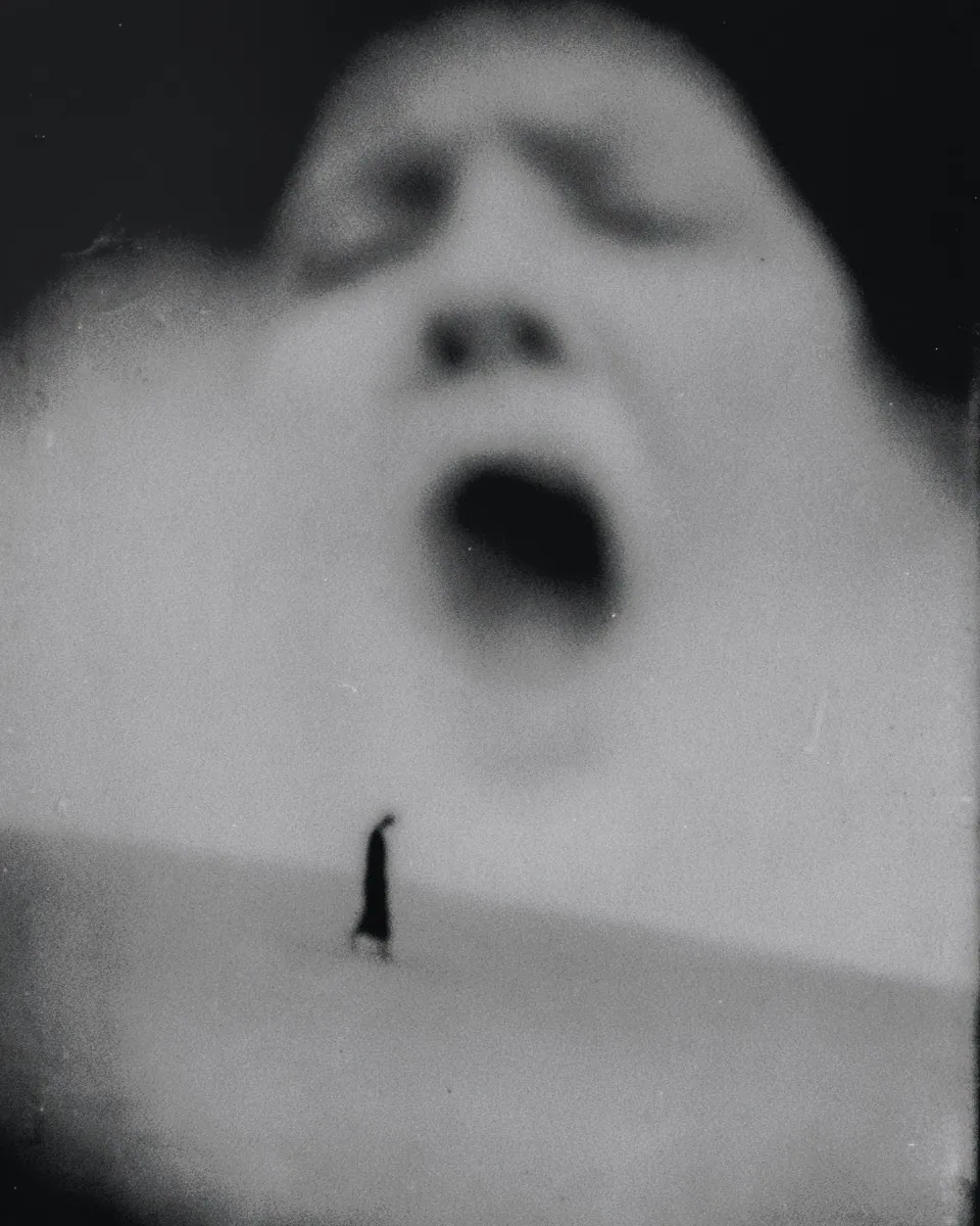 A giant blurred face with an open mouth fills the sky above a small figure walking across white ground.