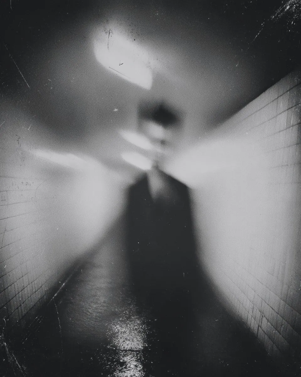 A blurred figure in a dark coat stands in a white-tiled tunnel under a single ceiling light, motion streaking its outline.