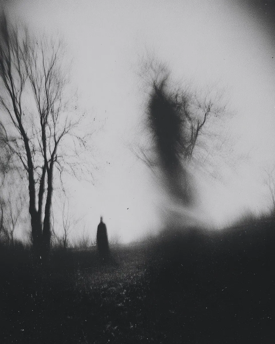 A tiny figure stands in a misty field beneath bare trees, a large dark shape hovering among the branches.