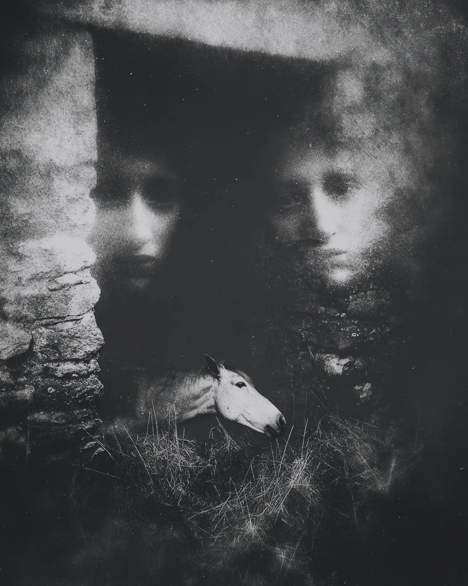 Two faces appear in a crumbling stone wall above a white horse's head in the grass.