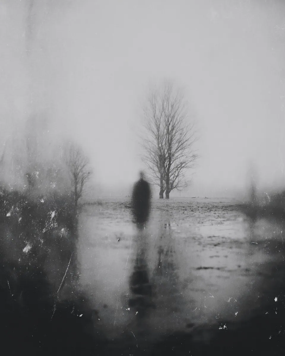 A dark figure stands on wet ground in the fog beside two bare trees, reflected in a puddle.