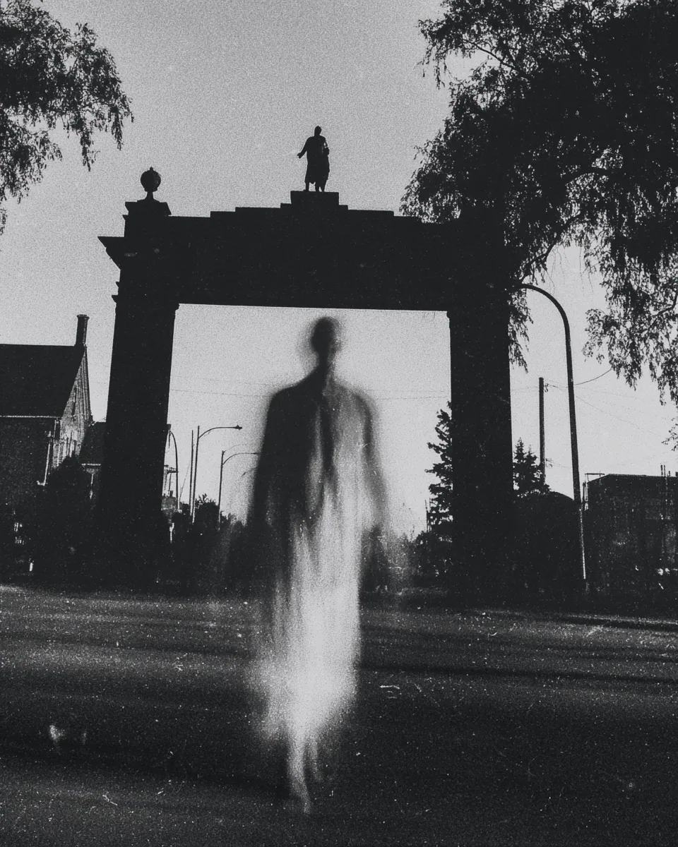 A pale, streaked figure walks through a dark stone arch topped by a statue.