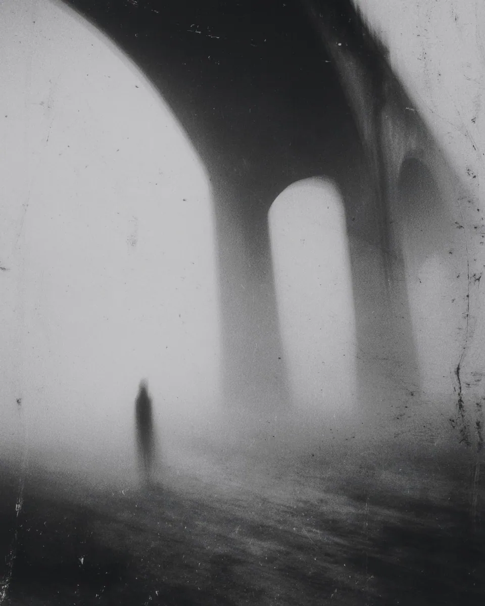 A lone figure stands in the fog beneath the dark arches of a huge bridge.