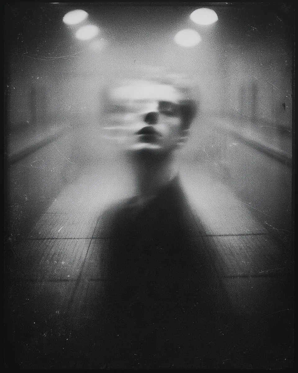 A man's face blurs into streaks under bright ceiling lights in a long tunnel.