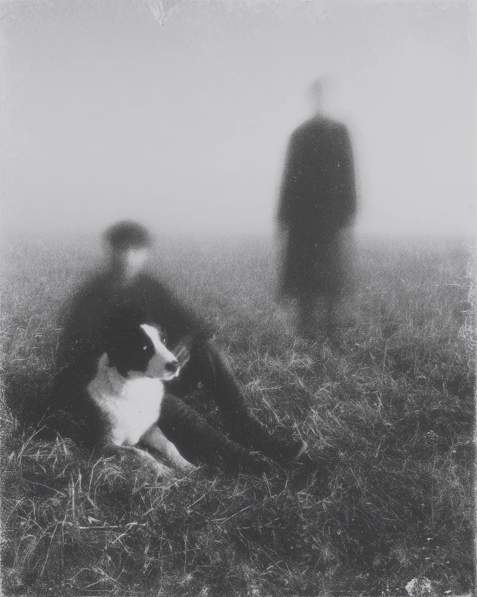 A man sits in tall grass holding a black and white dog while a tall blurred figure stands in the fog behind.